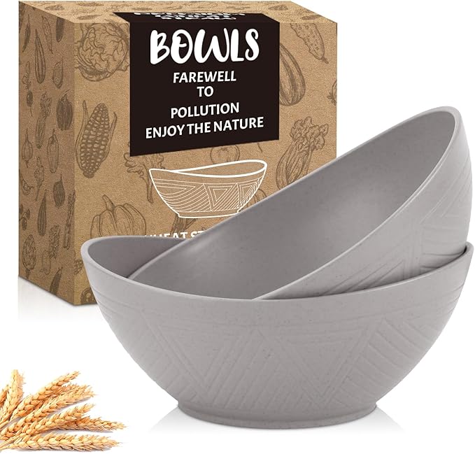 Homienly Wheat Straw Bowl Set Large Serving Bowls for Party 60 OZ Plastic Bowls Reusable Large Serving Dishes Microwave & Dishwasher Safe Prep Salad Bowls for Entertaining Bowl Set of 2 - Grey