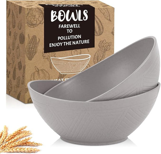 Homienly Wheat Straw Bowl Set Large Serving Bowls for Party 60 OZ Plastic Bowls Reusable Large Serving Dishes Microwave & Dishwasher Safe Prep Salad Bowls for Entertaining Bowl Set of 2 - Grey