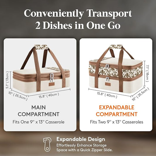 Lifewit Expandable Insulated Casserole Carrier for Hot or Cold Food, Double Decker Food Bag Lasagna Holder Carry Tote for Potluck Parties/Picnic/Cookouts, Fits 9"x13" Baking Dish, Cream-Flowers