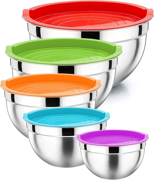 P&P CHEF Mixing Bowl with Lid Set of 5, 10-Piece Stainless Steel Nesting Salad Bowl Set for Prepping, Mixing and Serving, Size 4.6, 3, 1.5, 1, 0.7 QT, Rimmed Edges & Flat Base, Multicolor