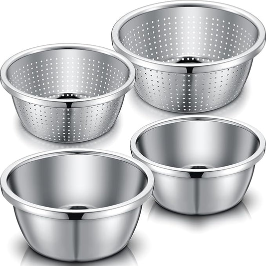 Tioncy 4 Pcs 304 Stainless Steel Microporous Colander with Mixing Bowl 2 QT & 4 QT Rice Strainer Fruit and Vegetables Washer Strainer Bowl for Draining Cooked Pasta, 2 Sizes