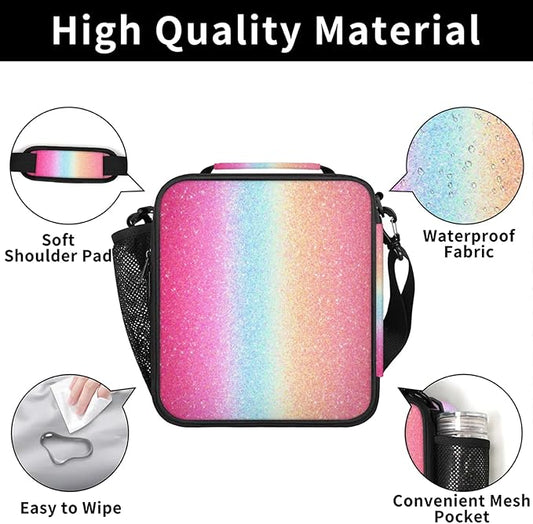 Pardick Lunch Box Rainbow Pink Glitter Insulated Lunch Bag Lunchbox with Adjustable Shoulder Strap Waterproof Cooler Bags for Travel/Picnic/Beach