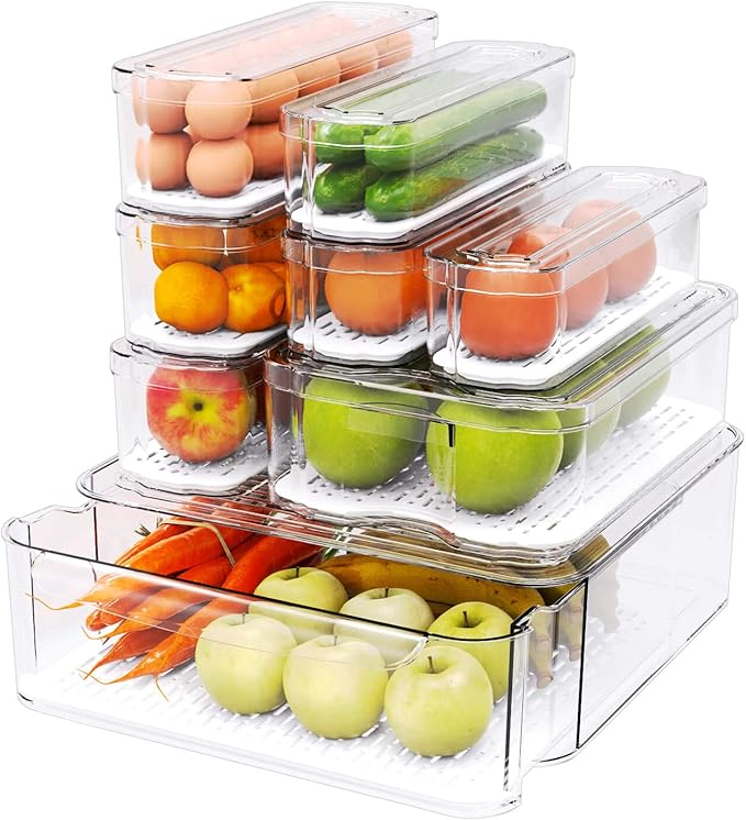 Fridge Organizers and Storage, 8 Pack Clear Freezer Organizer Bins with Lids for Kitchen, Pantry, Refrigerator, Food, Fruit, Vegetable Storage (8 Bins Include A Pull-out Drawer)