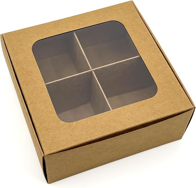 Treat boxes with window and dividers | 4 SMALL compartments | 4.5 x 4.5 x 1.9 in | Chocolate covered strawberries supplies, macaron boxes, baked goods packaging | 20-pack (Kraft)