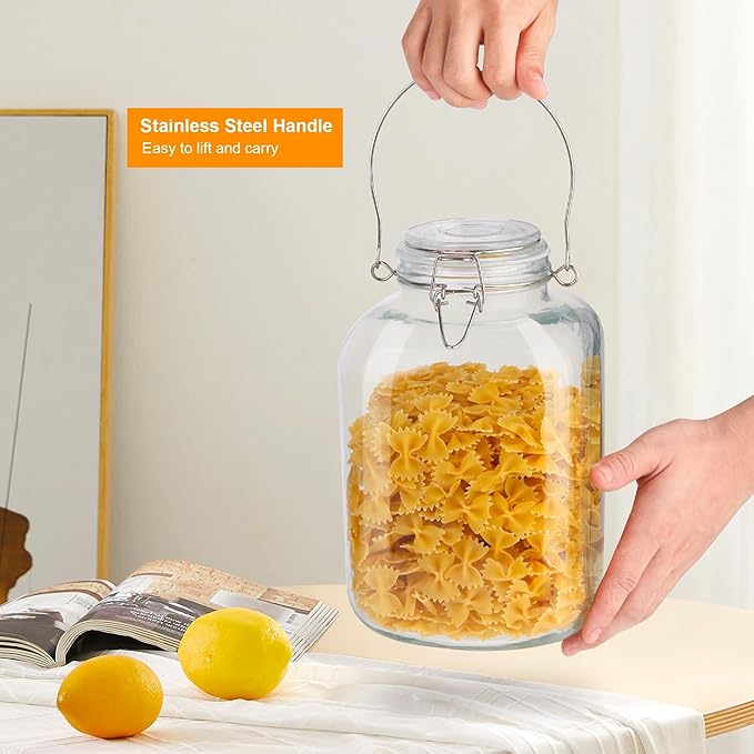 1 Gallon Glass Jar with Lid, 128oz Glass Jars with Airtight Lid Set of 2, Square Mason Jars, Large Storage Containers with Handle for Canning, Pasta, Flour, Sugar, Rice, Coffee Beans, Cereal