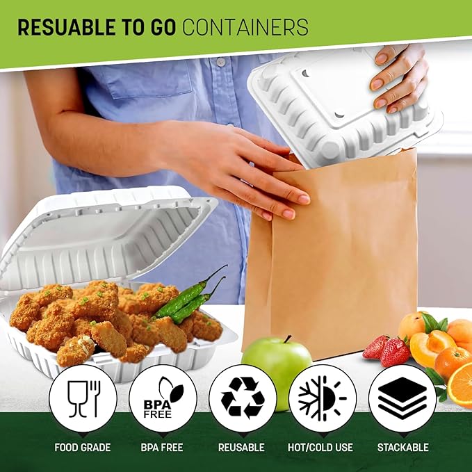 6X6X3 50 Pcs Plastic Clamshell Takeout Food Trays Heavy Duty Disposable Box For Pasta Salad Sandwich Meal Prep Packaging Catering Hinged Containers With Secure Snap Lid