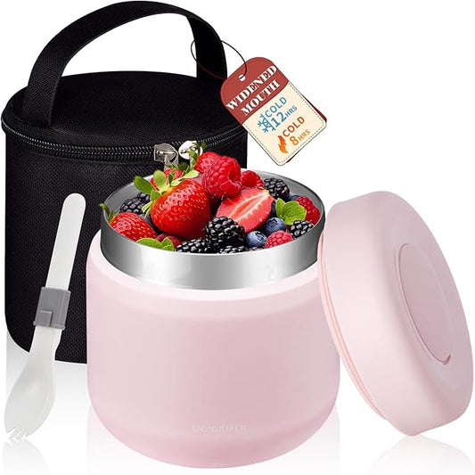 Insulated Food-Jar with Thermal Bag - 12 oz Wide Mouth Leak-Proof Stainless Steel Vacuum Soup Lunch Thermo Bowls w/Folding Spoon for Girl Kids, Hot Food Lunch Container for 8H Hot & 12H Cold