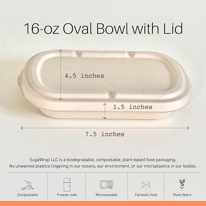 Disposable 16oz Oval Food Containers with Lids [50 Bowls + 50 Lids] Eco-Friendly Biodegradable Bamboo & Sugarcane, Sturdy, Freezer & Microwave Safe for Hot & Cold