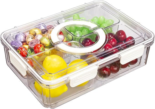 Divided Serving Tray with Lid & Handle, 4 Compartment Removable Snack Box, Kitchen Organizers and Storage, Snackle Box Container, BPA-Free Fruit Storage Container for Berry, Snack, Candy, Nuts…