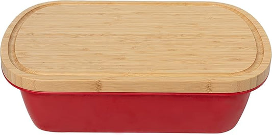 Marinade Container with Wood Lid Cutting Board, Grill Prep and Serve Tray, 2 Pcs Set, Stackable Melamine Serving Tray & Wood platter, BBQ Prep Tub & Marinating Serving platters, Red