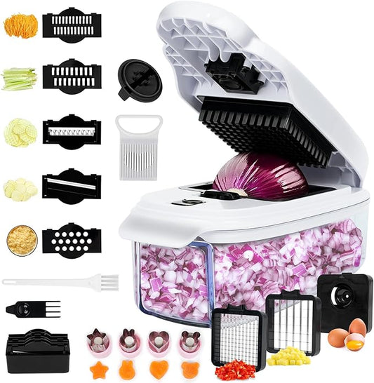 Vegetable Chopper - Veggie and Food Chopper Combo - Onion Chopper with Container - Mandoline Slicer for Kitchen, White/Black, HF5-01