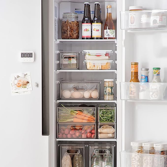 MineSign Stackable Fridge Drawer Pull-Out Bins with Handles 3 Pack Large Clear Food Container with Removable Dividers Refrigerator Storage box Divided Produce Saver for Pantry Kitchen