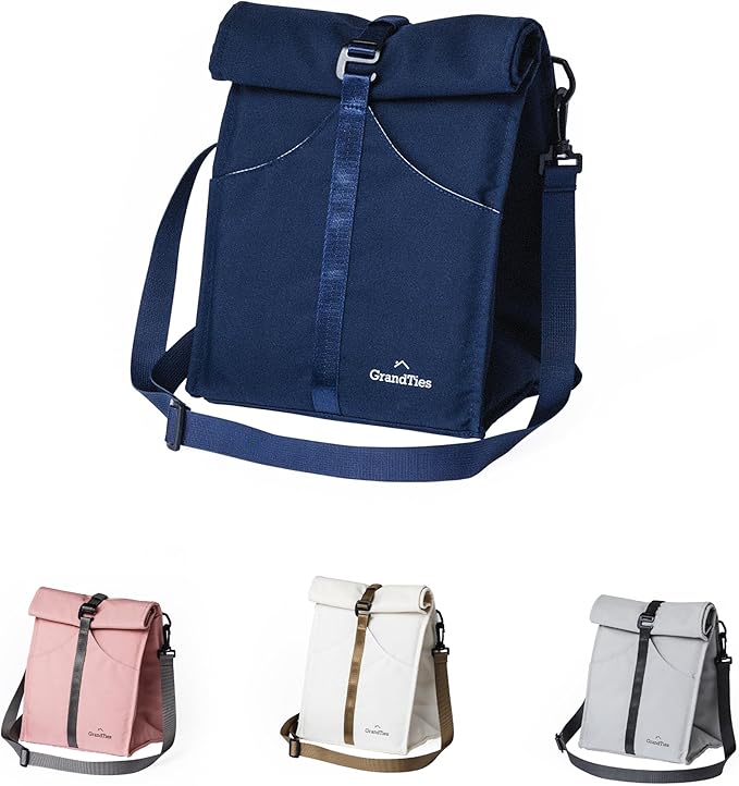GRANDTIES Insulated Lunch Bag for Women, Men, Adult - Rolltop Leak Proof Meal Prep Lunch Box Containers, Reusable Snack Bags, Travel Cooler, Small Soft Cooler Bag, Fold Top Sandwich Bags, Blue