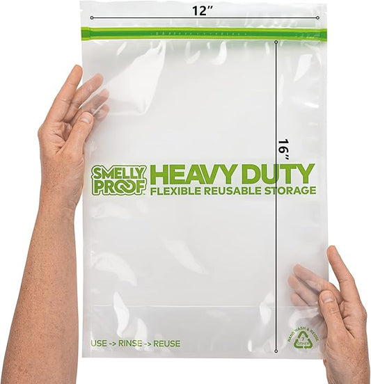 Smelly Proof HEAVY DUTY Reusable STAND-UP Ziplock Bags for Food Storage, USA Made, NO PEVA & BPA FREE, Reusable Freezer Bags, Dishwasher-Safe, Triple Zip, CLEAR 5-mils XXL 2-Gallon 12" x 16" - 5pk
