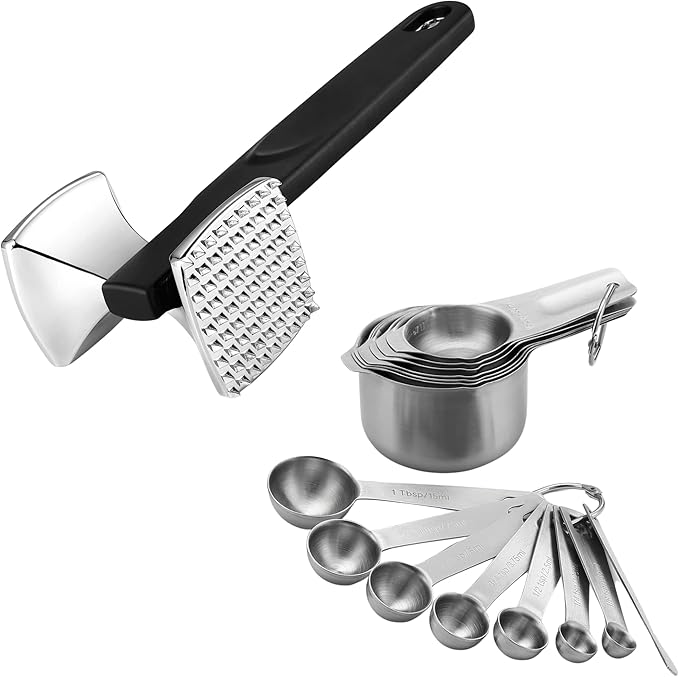Spring Chef Dual Sided Meat Tenderizer, Black & Stainless Steel Measuring Cups and Spoons, Set of 15-2 Product Bundle