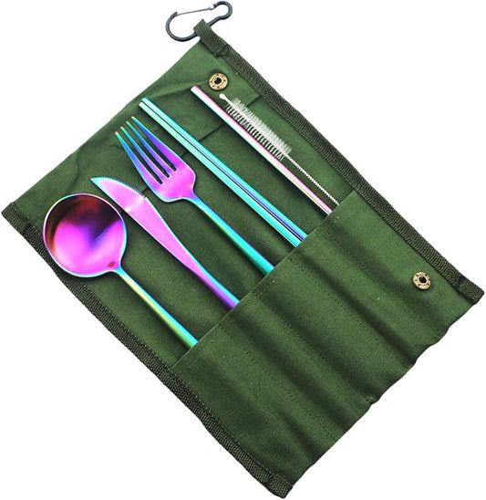 Reusable Travel Utensils, 7 Piece Portable 304 Stainless Steel including Knife Fork Spoon Chopsticks Cleaning Brush Straws Portable Pouch, Eco-friendly Camping Silverware Set, Dishwasher Safe