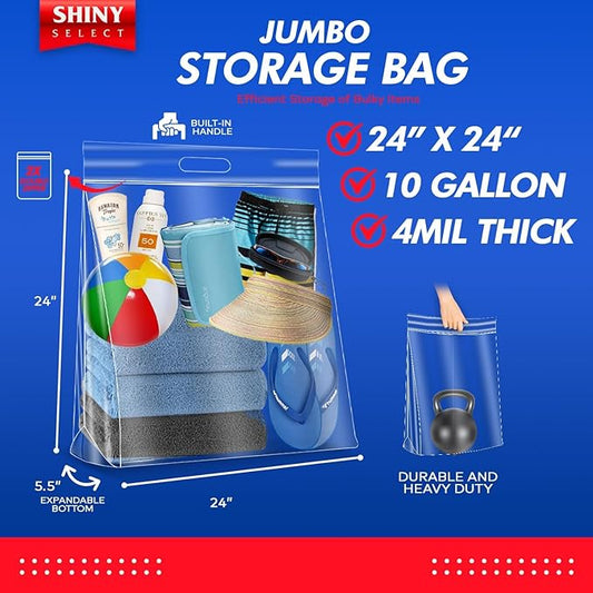 10 Gallon Jumbo Storage Bag with Handle Huge Size 24"x24" Resealable Zipper Top Super Clear Big Strong Thick Plastic Extra Large XL 4 Mil Heavy Duty for Linens, Baby Items, Swimming, Vacation, Sports