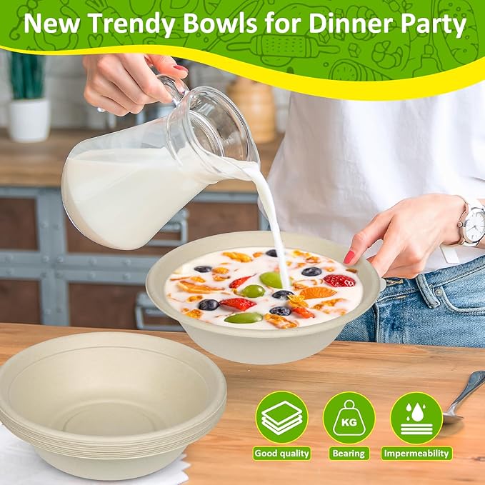 Paper Bowls, 100% Compostable Disposable Soup/Salad Bowls 32 Oz 50 Pack, PFAS-Free BPI Certified Eco-Friendly Hot/Cold Food Bowls, Natural Brown