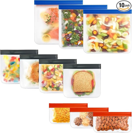 10-Pack (3 Small, 4 Medium, 3 Large) Extra Thick Reusable Silicone Bags – BPA-Free, Leakproof & Durable Freezer Bags for Meal Prep, Marinating, Lunch & Travel – Versatile & Dishwasher Safe