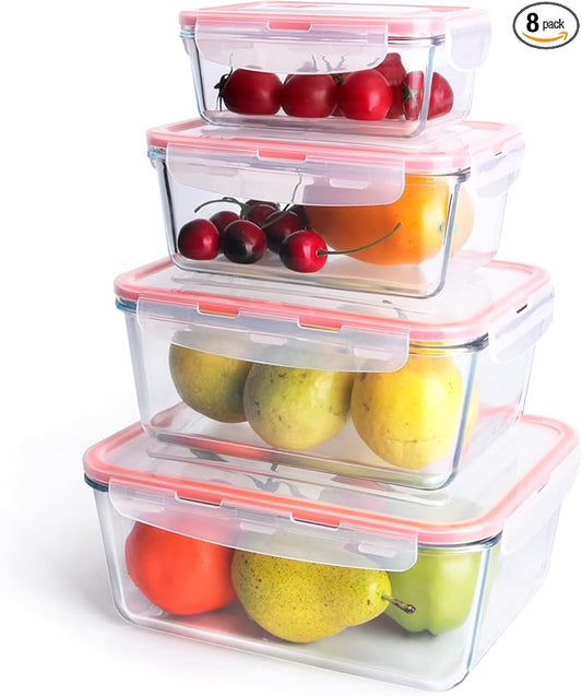 Extra Large Glass Food Storage Containers with Lids, Set-8-Piece Lunch Containers, Ideal for Storing Food, Vegetables, Fruits, Baking Cake & lot of other Tasty Food (Rectangular)