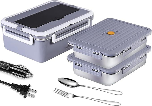 Electric Lunch Box, heated lunchbox for adults men 12V/24V/110V portable Food Warmer 80W self heating lunch boxes for Car Truck Work, heatable lunchbox with 2 Stainless Steel Containers 60-oz