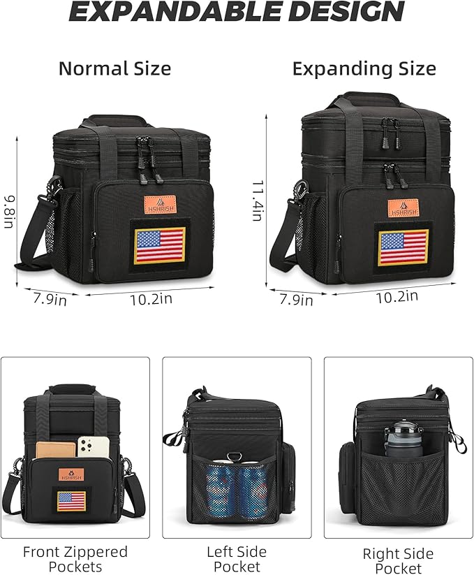 HSHRISH Expandable Tactical Lunch Box, Double Deck Large Insulated Lunch Bag for Men, Durable Leakproof Cooler Bag for Adult Work Shift Outdoor Trips, 20 Can/16 L, Black