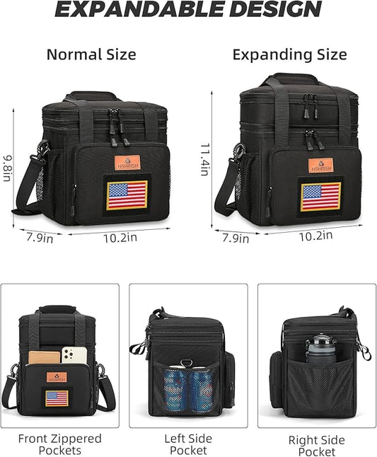 HSHRISH Expandable Tactical Lunch Box, Double Deck Large Insulated Lunch Bag for Men, Durable Leakproof Cooler Bag for Adult Work Shift Outdoor Trips, 20 Can/16 L, Black