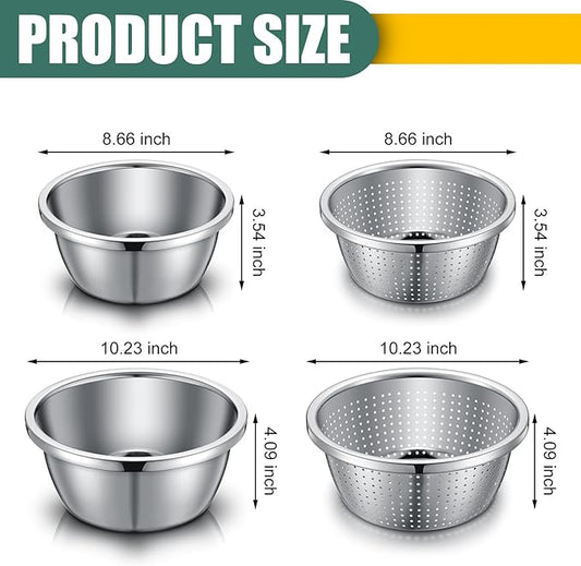 Tioncy 4 Pcs 304 Stainless Steel Microporous Colander with Mixing Bowl 2 QT & 4 QT Rice Strainer Fruit and Vegetables Washer Strainer Bowl for Draining Cooked Pasta, 2 Sizes