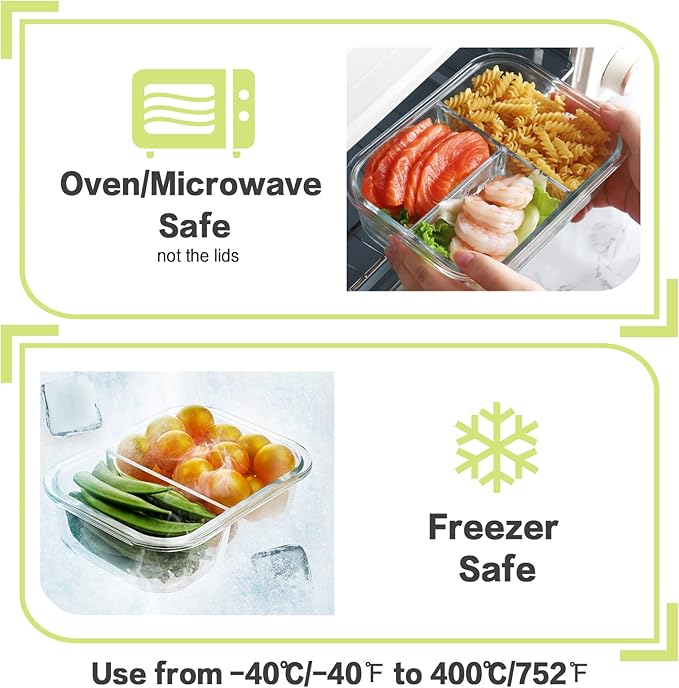 HOMBERKING 9 Pack Glass Meal Prep Containers 3 & 2 & 1 Compartment, Glass Food Storage Containers with Lids, Airtight Glass Lunch Bento Boxes, BPA-Free & Leak Proof (9 lids & 9 Containers) - Grey