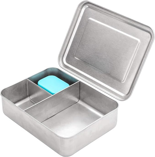 WeeSprout 18/8 Stainless Steel Bento Box (Large) - 3 Compartment Metal Lunch Box, for Kids & Adults, Bonus Dip Container, Fits in Lunch & Work Bags, Dishwasher & Freezer Friendly