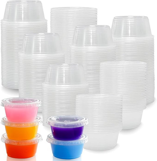 2oz Crystal Jello Shot Cups with Lids 100 Set, Leakproof & Freezer Safe Small Meal Prep Plastic Portion Cups for Salad Dessert Condiment Sauce Souffle, Food Storage Cups for Lunch Party Trips