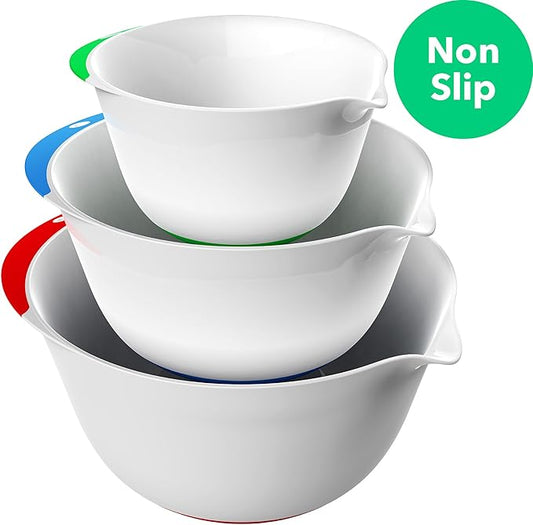 Vremi 3 Piece Plastic Mixing Bowl Set - Nesting Mixing Bowls with Rubber Grip Handles Easy Pour Spout and Non Slip Bottom - Three Sizes Small Large Capacity for Kitchen Baking or Salad - White Multi