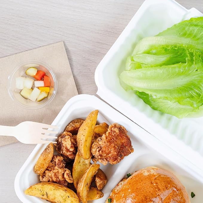KARAT EARTH Clamshell Take Out Food Containers [9"x6", 200 ct ] 2 Compartments | Compostable To Go Containers, Natural Biodegradable Bagasse | White