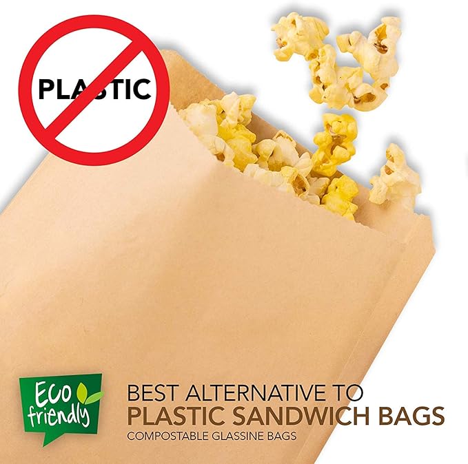 Paper Sandwich Bags Kraft Brown (200 Pack) – Biodegradable & Compostable Food Grade Unbleached Kraft Paper for Bakery, Cookies, Treats, Snacks, Sandwiches