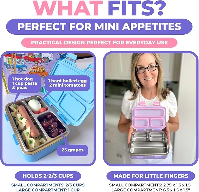Stainless Steel Lunch Box for Baby Toddlers Girls, Mini Bento, 3 Eco Metal Portion Sections Leakproof Lid, Pre-School Daycare Lunches, Kids Spill-Proof Snack Container, 18 oz/550 mL Purple Unicorn