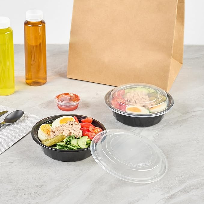 Restaurantware Asporto 16 Ounce To Go Boxes 100 Microwavable Take Out Food Containers - Clear Plastic Lids Included Do Not Contain BPA Black Plastic Catering Food Containers Disposable Round