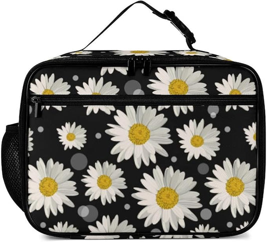 White Daisies Reusable Lunch Box Insulated Lunch Bag Cooler Bag Lunchbox Meal Food Container Tote Bag for Women Kids Girls School Camping Hiking Picnic Beach Travel