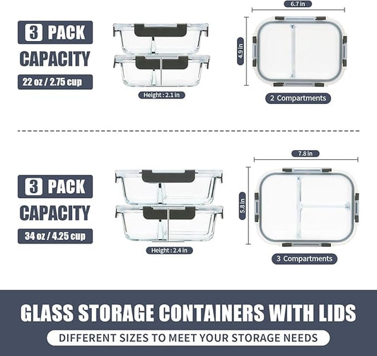 2 & 3 Compartment Glass Meal Prep Containers - Glass Food Storage Lunch Containers with Lids, Glass Bento Box, Portion Control, Freezer to Microwave Safe