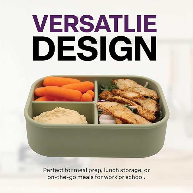 Silicone Bento Box, 3 Compartments, BPA-Free, Leak-Resistant, Dishwasher and Microwave Safe, Perfect for Work, Travel & Meal Prep, (Green)