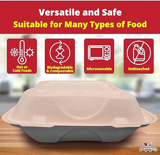 Durable, Leak-Proof Take-out Food Box, 50 Pack. Large, 9 x 9 Sturdy Plant-Based, Gluten-Free Compostable Wheatstraw Fiber Clamshell Hinged Container, Microwavable and Great for Restaurant Carryout