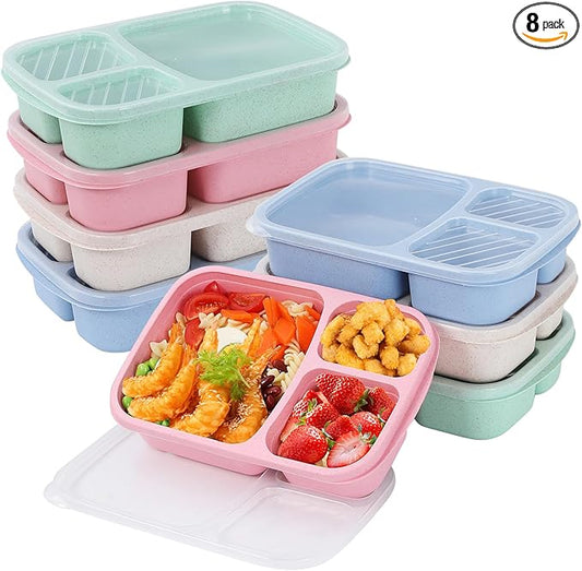 8 Pack Bento Lunch Box Set 3 Compartment Wheat Straw Meal Prep Food Storage Containers Plastic, Microwave and Dishwasher Safe(light colour)