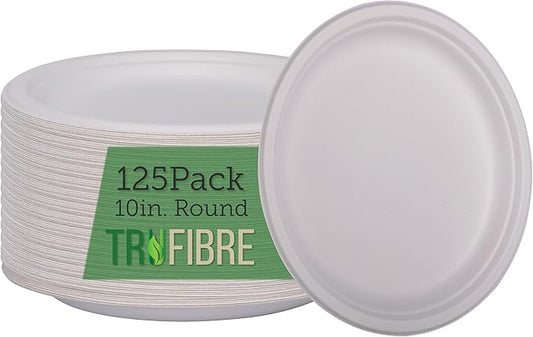 10" Paper Plates, Compostable Bagasse Food Container, Disposable, Microwave Safe for Lunch, Dinner, Party, Supplies, Events, Bulk, 125 Pack