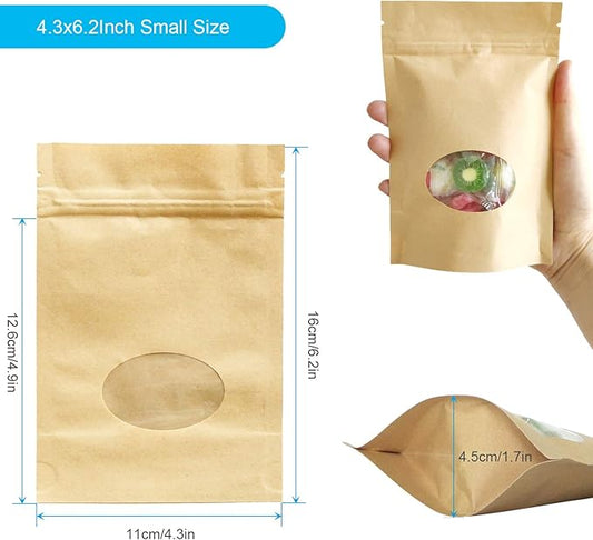 SumDirect Kraft Paper Bags, Zip Lock Stand-up Reusable Sealing Food Pouches with Transparent Window and Tear Notch for Storing,Cookie,Dried Foods,Snack,4.3x 6.2 Inches,1.5oz,Pack of 50