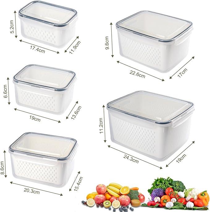 15 PCS Fruit Storage Containers for Fridge with 5 Airtight Lids,5 Removable Colander,5 Food Storage Container,Produce Saver Container Dishwasher Safe Keep Berry Fruit Vegetable Fresh Longer