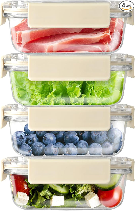 YSSOA Food Meal Prep Containers with Lids, All Temp Food Storage Container,BPA-Free,Airtight Glass Lunch Boxes,Ideal for Lunch, Meal Prep & Leftovers,Microwave, Oven,Dishwasher Friendly,4 Packs