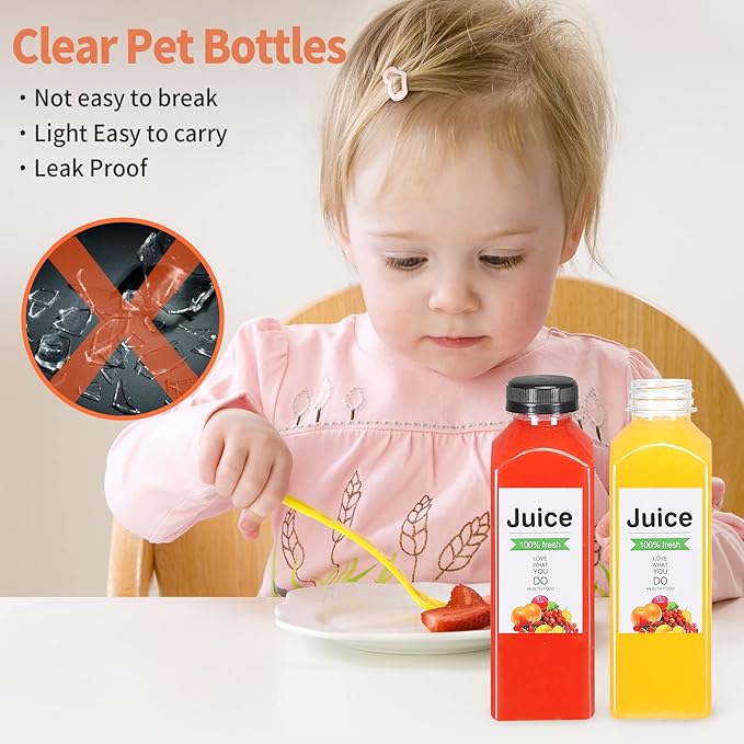 16oz Empty Juice Bottles with Caps, Pack of 24 Reusable PET Plastic Clear Water Bottle Recyclable Drink Bulk Containers with Leak-Proof Lids for Juice Water Milk and Beverages