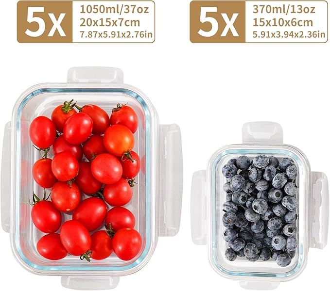 10 Pack Glass Food Storage Containers with Lids, Glass Meal Prep Containers Set with Leak Proof Lids, Airtight Lunch Container, Dishwasher Safe,Freezer Safe Food Storage Containers and 10 Lids