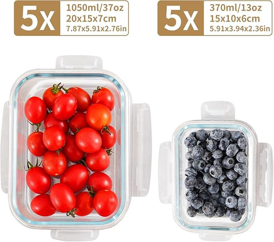 10 Pack Glass Food Storage Containers with Lids, Glass Meal Prep Containers Set with Leak Proof Lids, Airtight Lunch Container, Dishwasher Safe,Freezer Safe Food Storage Containers and 10 Lids