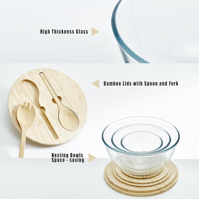 Glass Salad Bowls with Bamboo Lids & Utensils Set of 3, Large Capacity Serving Bowl Clear Mixing Bowls, 3pc Nesting Glass Containers with Wood Lids, Microwave Safe Baking Bowls for Kitchen