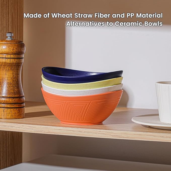 10 oz Small Bowls, Wheat Straw Bowl Sets of 4, Unbreakable Ice Cream Bowl, Plastic Bowls Reusable for Snack and Dessert (Mondrian Series)